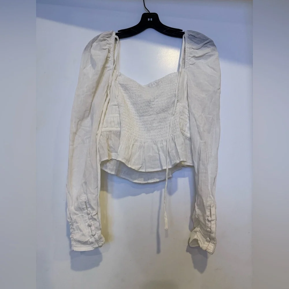 Free People Women's White Chloe Smocked Tie Neck Cotton Blouse Top Size M